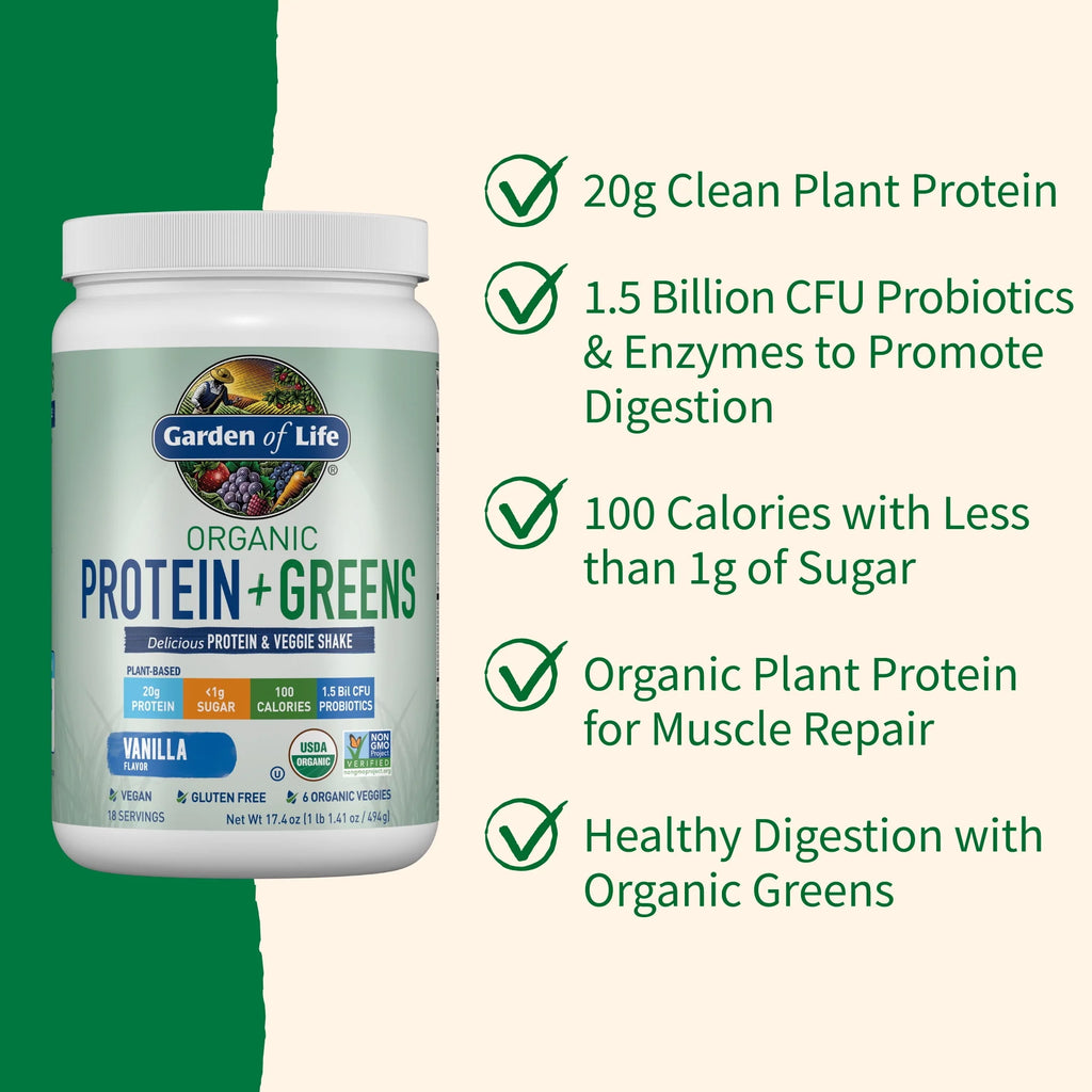 Organic Plant Protein & Greens Powder Vanilla Shake 20g Protein 1.1lb U1762