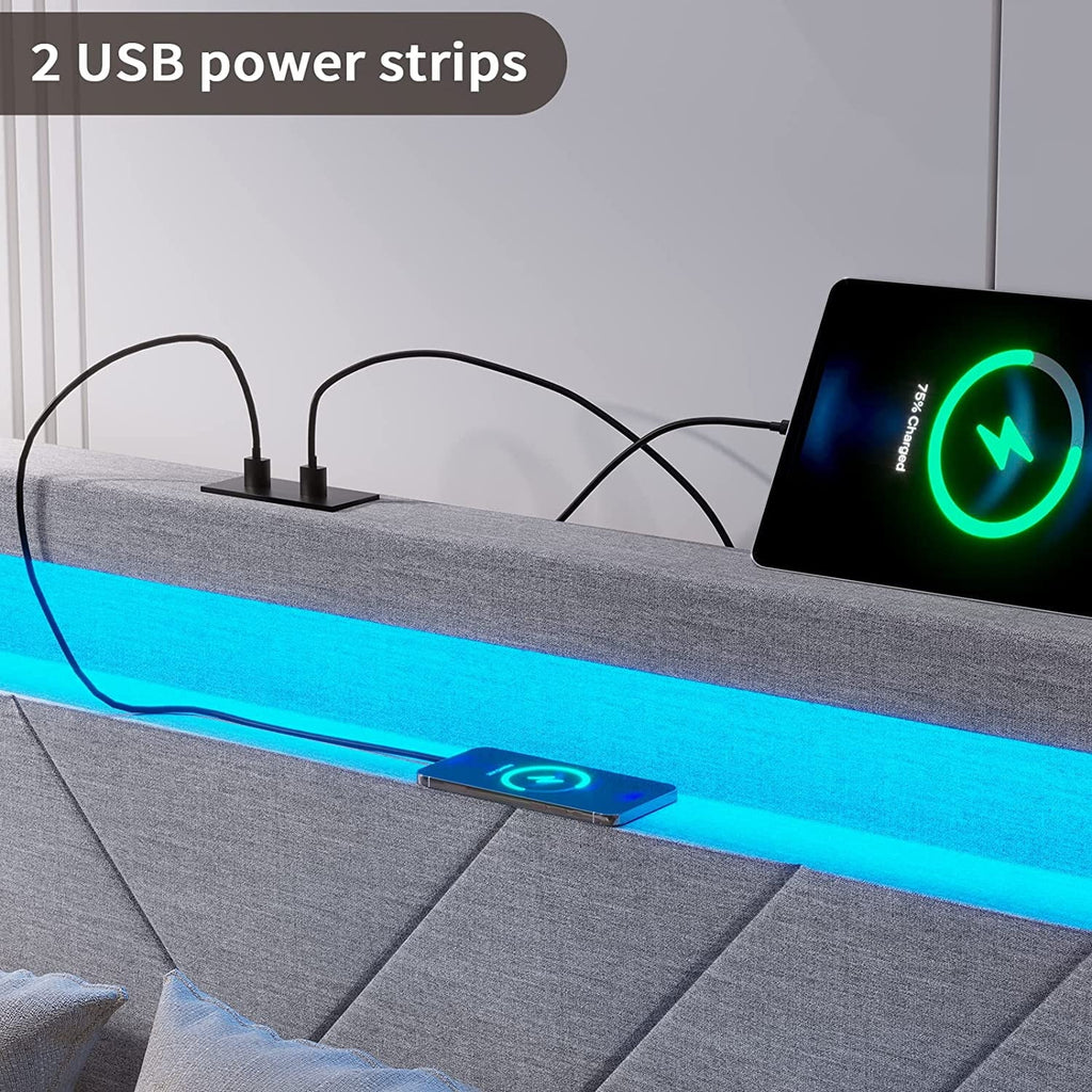 Queen Bed Frame with LED Lights Headboard, 4 Drawers, 2 USB Charging Station, Upholstered Platform Bed, Dark Gray N4034