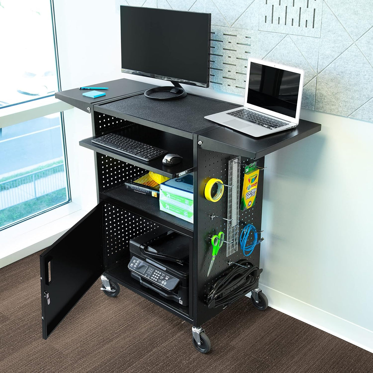 AV Cart with Pegboard Siding, 12 Hooks, Locking Cabinet, Pullout Keyboard Tray, Locking Wheels E650