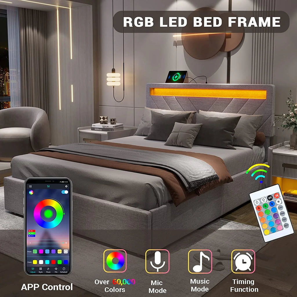Queen Bed Frame with LED Lights Headboard, 4 Drawers, 2 USB Charging Station, Upholstered Platform Bed, Dark Gray N4034