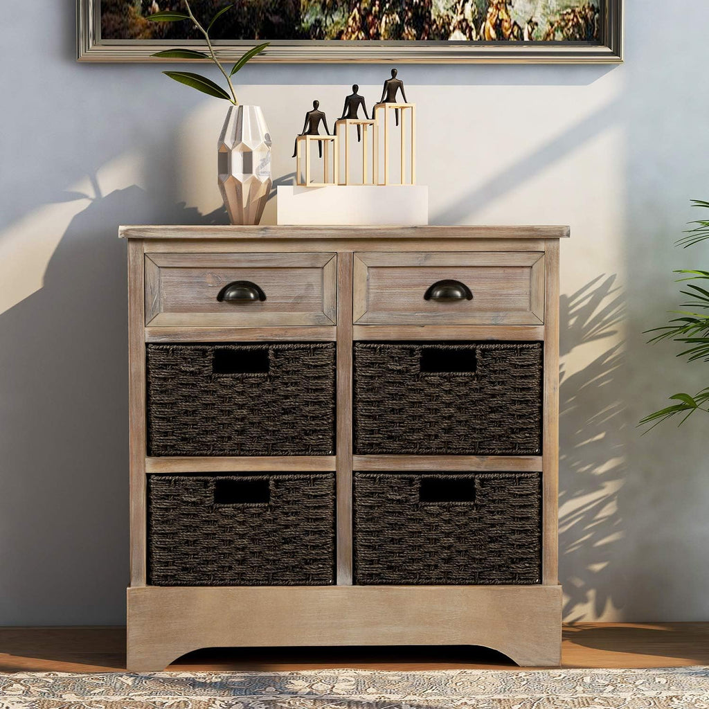 Rustic Storage Cabinet with Two Drawers and Four Fabric Basket (White) P607225