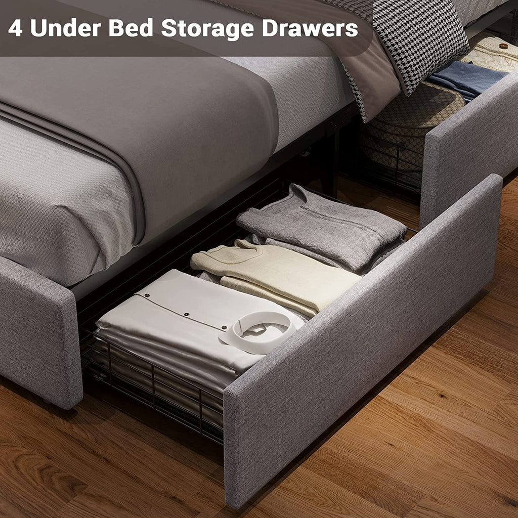 Queen Bed Frame with LED Lights Headboard, 4 Drawers, 2 USB Charging Station, Upholstered Platform Bed, Dark Gray N4034