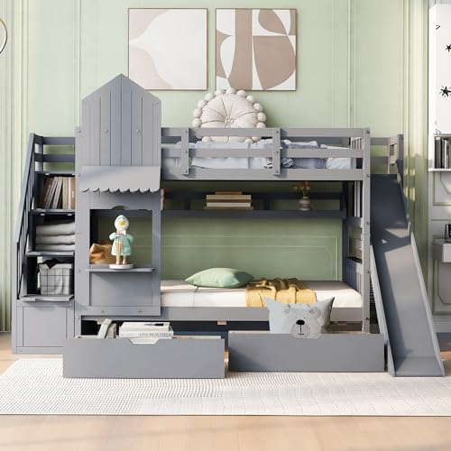 Full-Over-Full Wood Bunk Bed with Slide and Storage Staircase B365