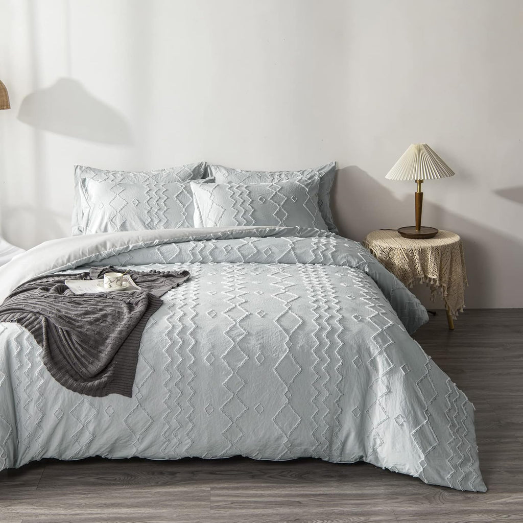 Blue Cotton Geometric Queen Duvet Cover Set J6773