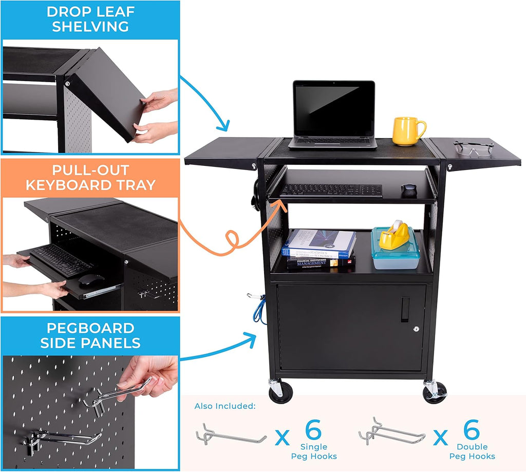AV Cart with Pegboard Siding, 12 Hooks, Locking Cabinet, Pullout Keyboard Tray, Locking Wheels E650