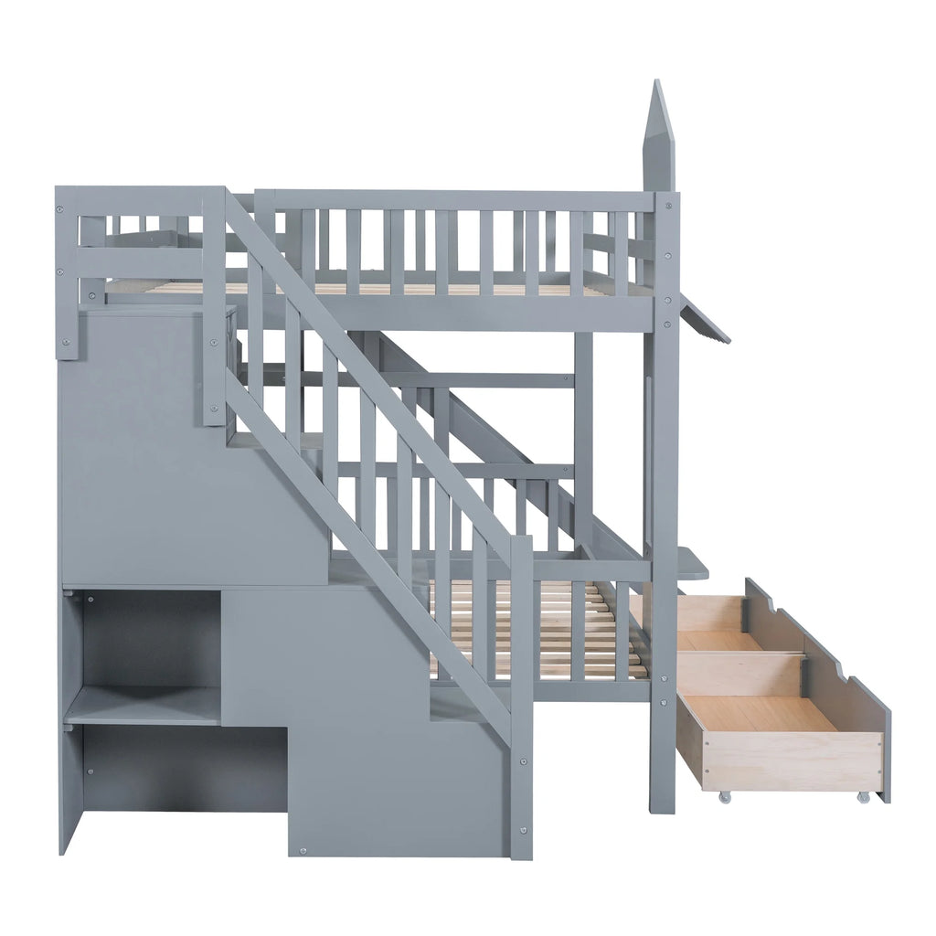Gray Full-Over-Full Bunk Bed with 2 Drawers 3 Shelves and Slide Y449