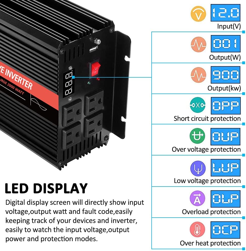 2000 Watt 12V DC to 110v/120v AC Power Inverter with 4 AC Outlets and USB Output F447