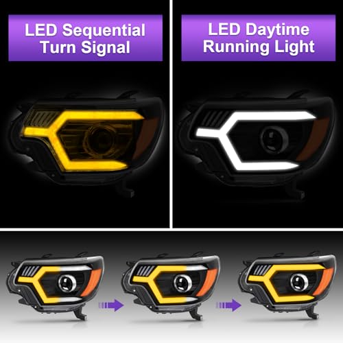 LED Headlight Assembly with Sequential Turn Signal Black Housing Amber Reflector W963