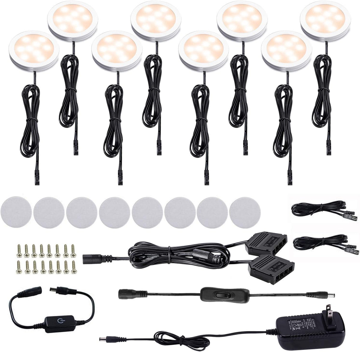 LED Under Cabinet Puck Lights Kit with Touch Dimming Switch (8 Lights, Daylight White) Pack of 2 K50132