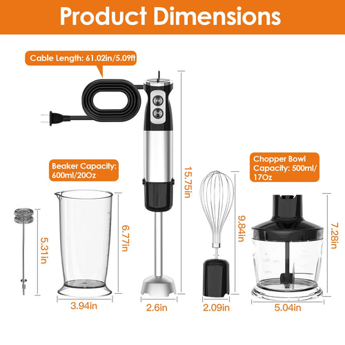 1000W 5 in 1 Stainless Steel Hand Blender with 12 Speeds W782