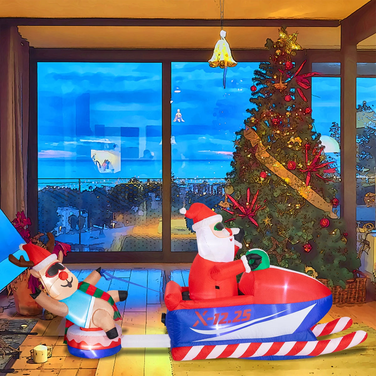 Snowmobile Santa Claus and Reindeer Sleigh LED Christmas Inflatables Outdoor Decorations P175