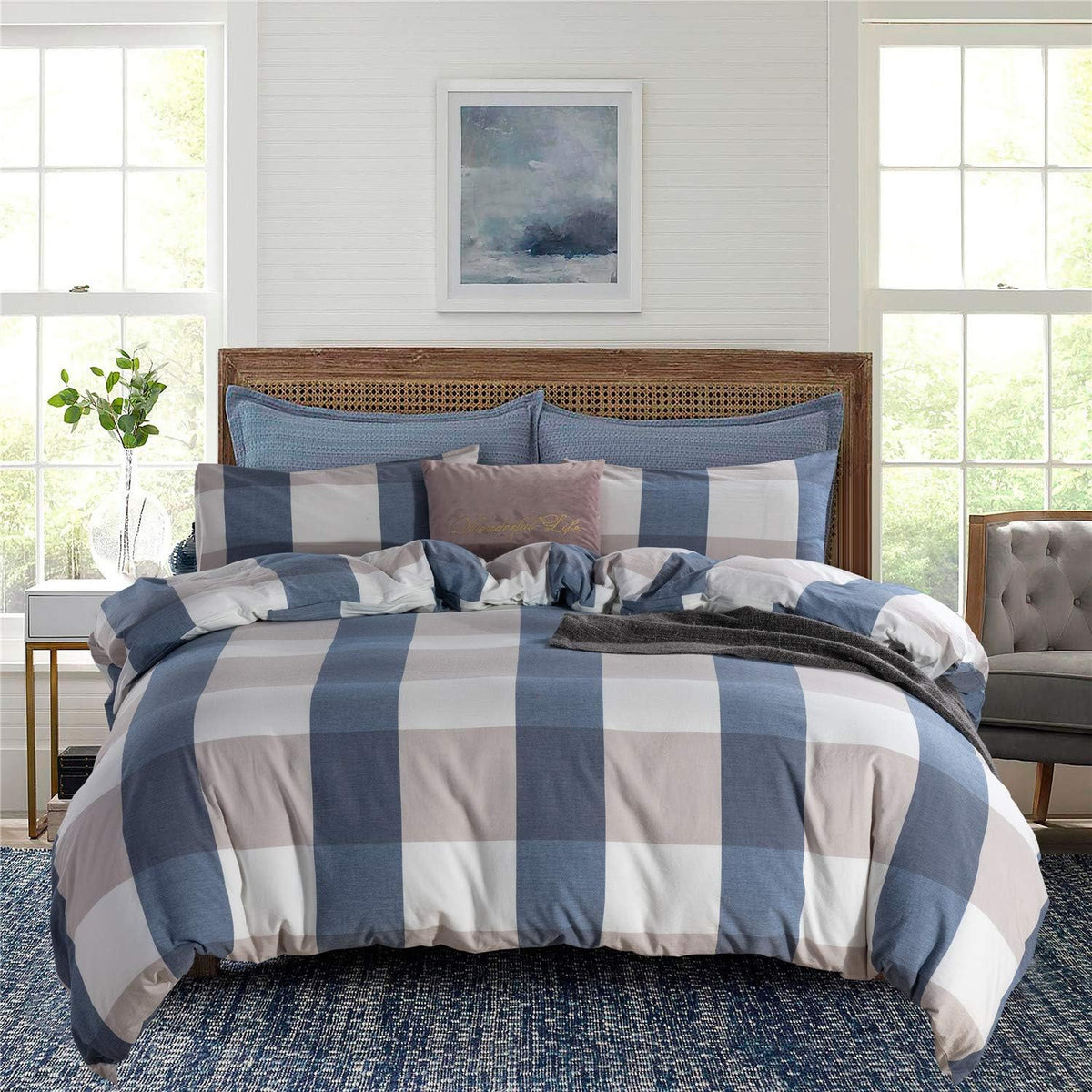 Blue Cotton Geometric Queen Duvet Cover Set J6773