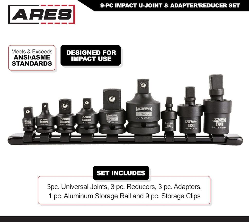 9-Pc Impact U-Joint and Adapter/Reducer Set with Aluminum Storage Rail L450