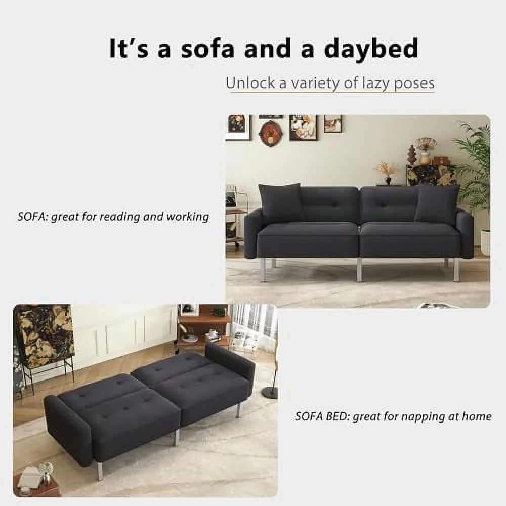 Black Linen Fabric Convertible Futon Sofa Bed with Metal Legs L3073