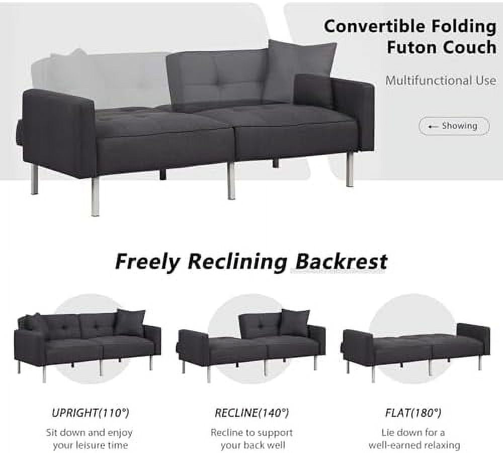 Black Linen Fabric Convertible Futon Sofa Bed with Metal Legs L3073