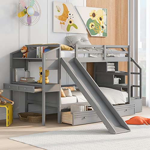 Full-Over-Full Wood Bunk Bed with Slide and Storage Staircase B365