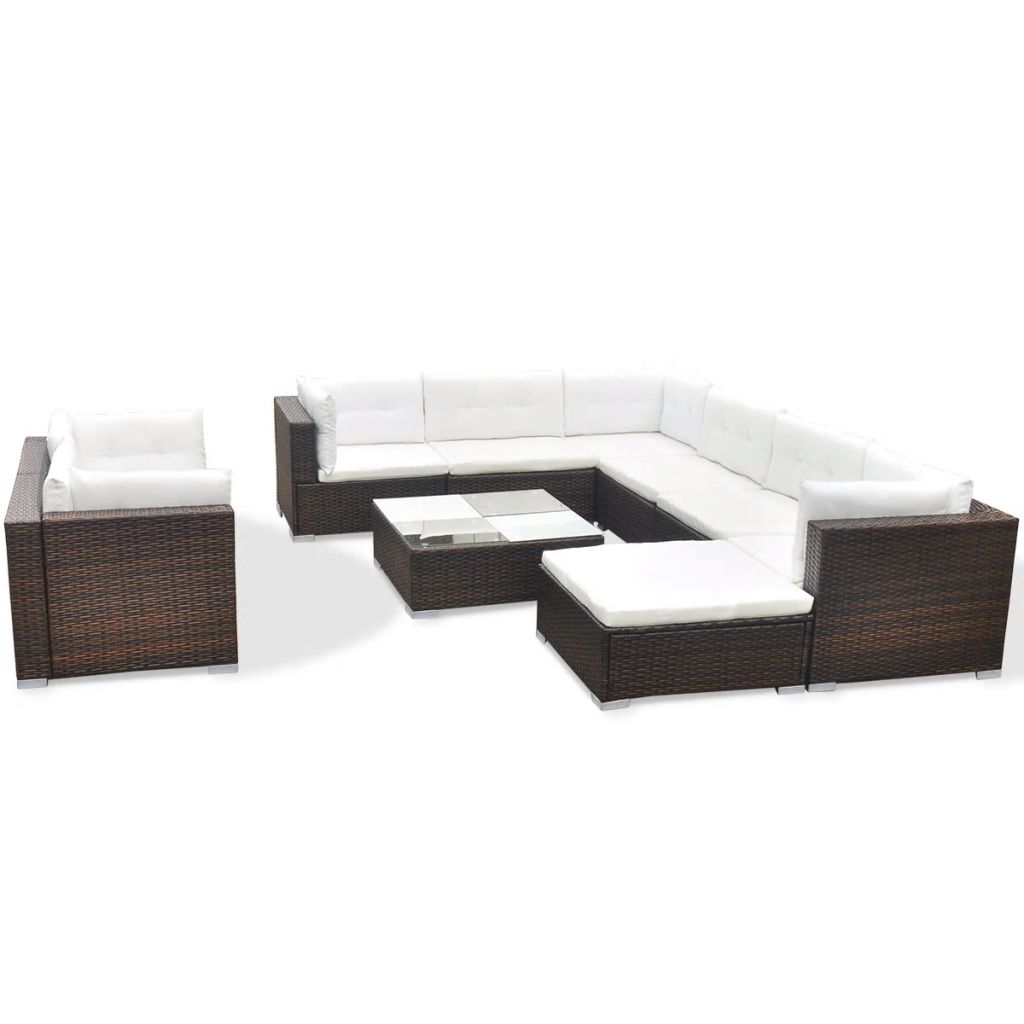 10 Piece Brown Poly Rattan Outdoor Sofa Set with Coffee Table and Ottoman P9450