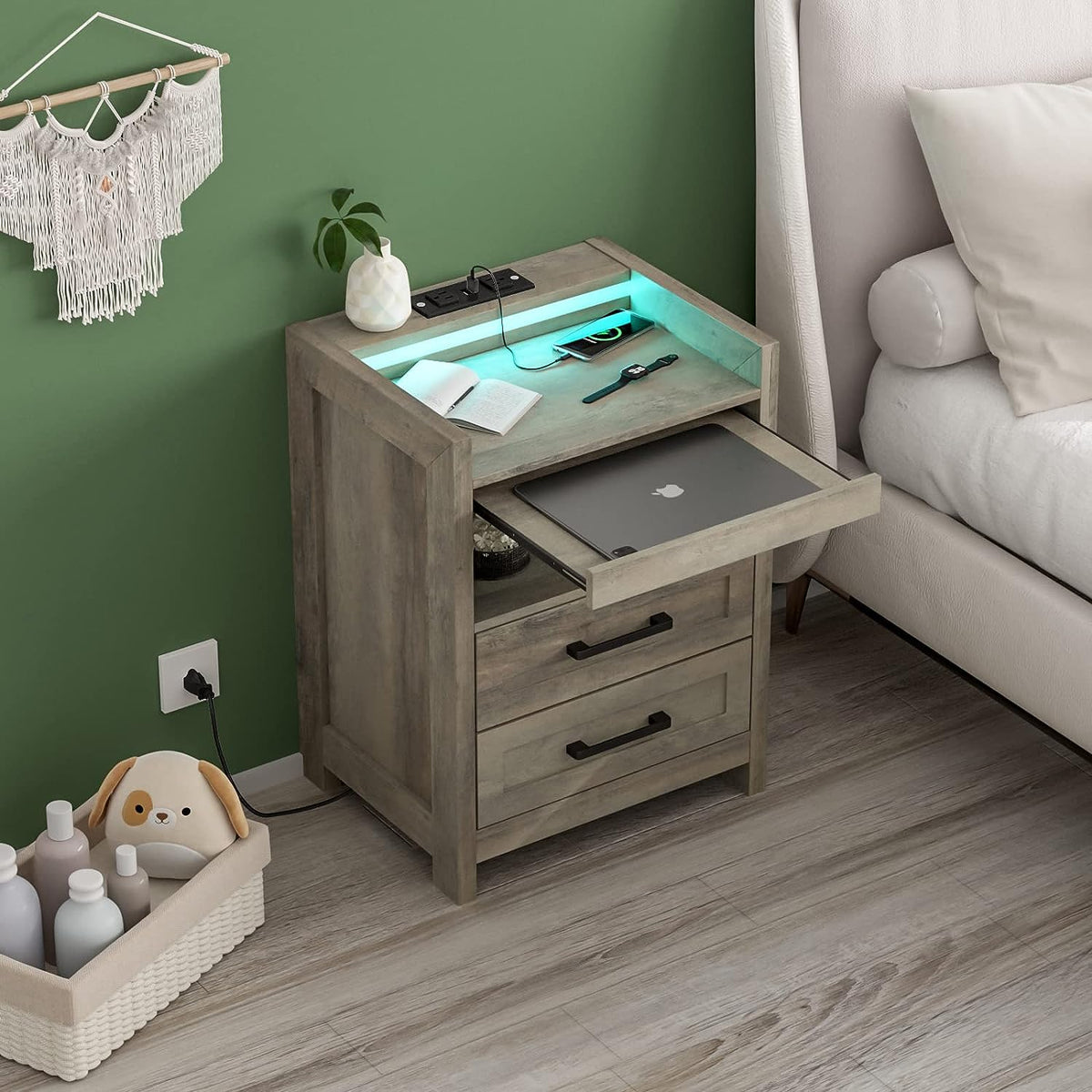 Grey Wood Nightstand with 2 Drawers and Pull-Out Shelf Q80514