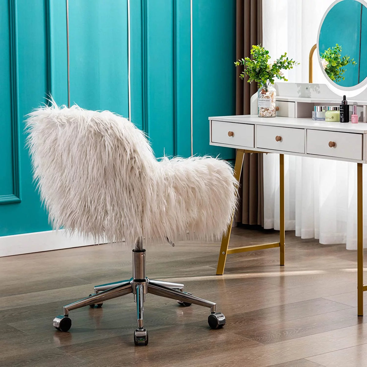 White Faux Fur Swivel Desk Chair with Back B525183