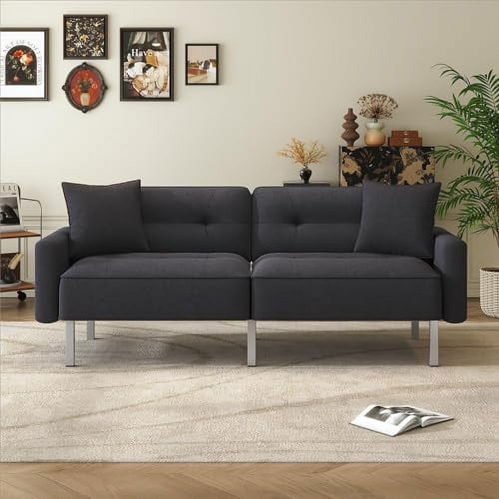 Black Linen Fabric Convertible Futon Sofa Bed with Metal Legs L3073