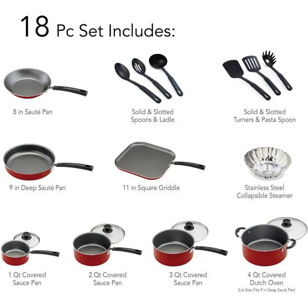 18 Pieces Non-stick Cookware Set, Red P529721