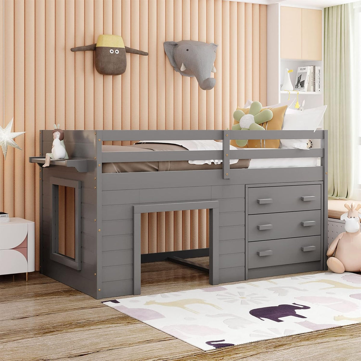 Grey Wood Twin Loft Bed with Storage Drawers A339829