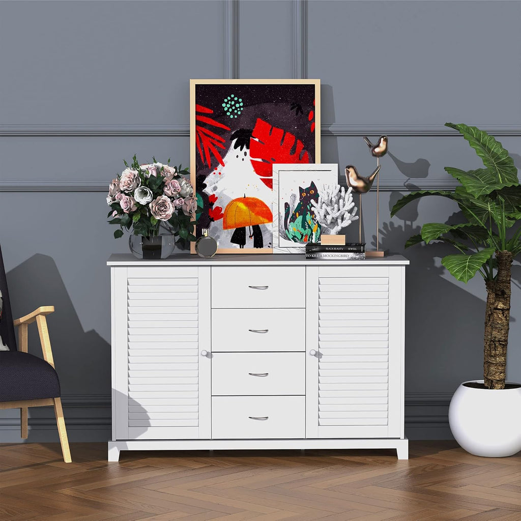 White Storage Cabinet with Drawers and Louvered Doors C7700