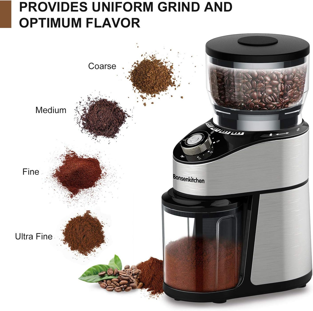 Stainless Steel Electric Conical Burr Coffee Grinder with 12 Grind Settings M28230