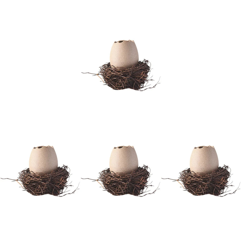 4 Sets Small Ceramic Vase Succulent Planter with Bird Nest G7193