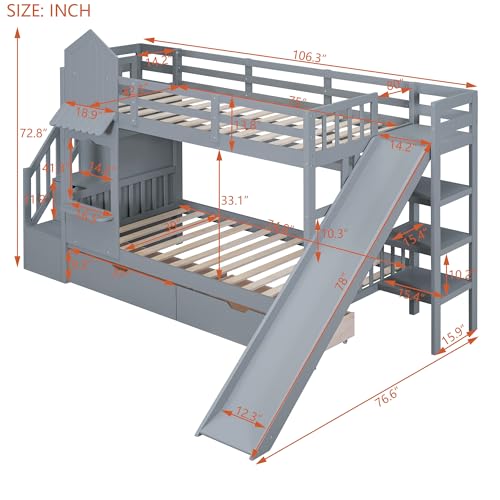 Full-Over-Full Wood Bunk Bed with Slide and Storage Staircase B365