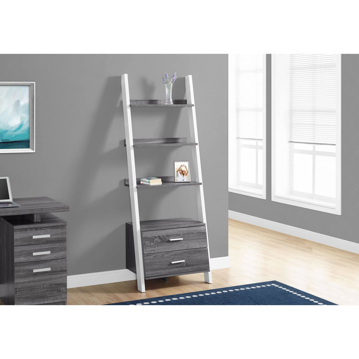 Gray and White Four Shelves Ladder Bookcase N3447