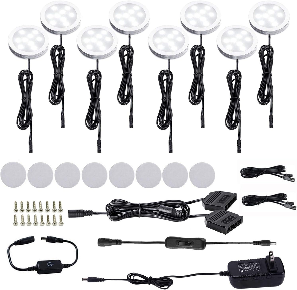 LED Under Cabinet Puck Lights Kit with Touch Dimming Switch (8 Lights, Daylight White) Pack of 2 K50132