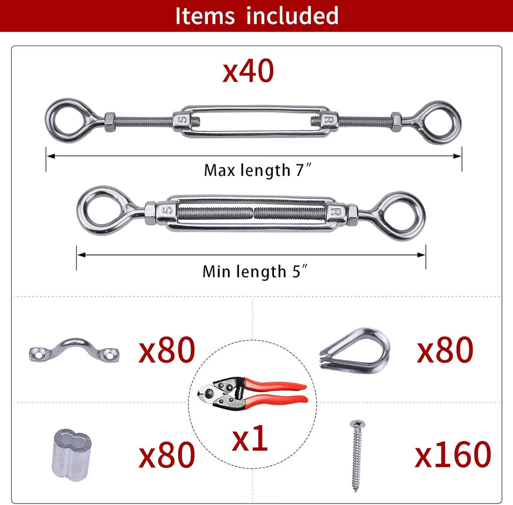 40Set 1/8 Cable Railing Kit Hardware Heavy Duty Turnbuckle M5 Eye to Eye Stainless Steel Angle Adjustable R653318