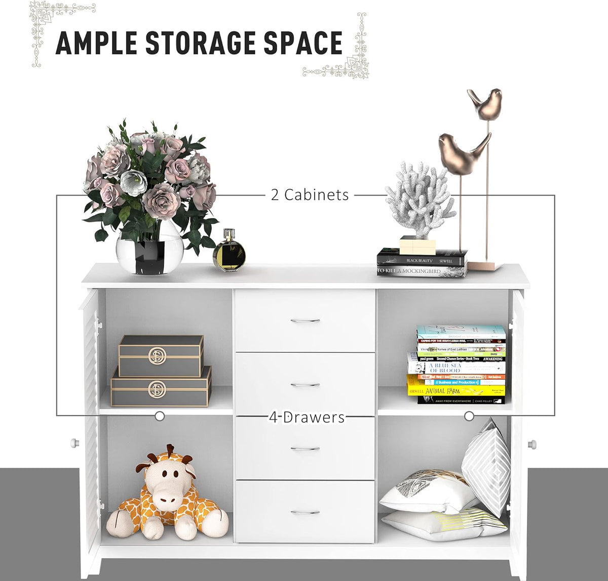 White Storage Cabinet with Drawers and Louvered Doors C7700