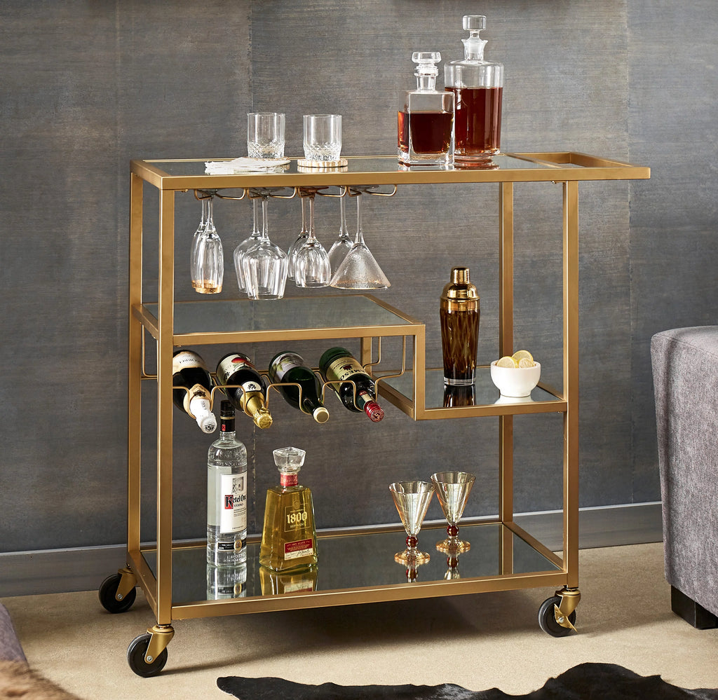 Champagne Gold Mirror Glass Metal Bar Cart N610