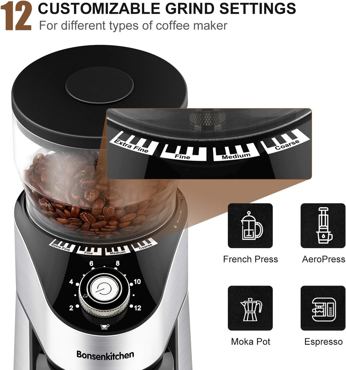 Stainless Steel Electric Conical Burr Coffee Grinder with 12 Grind Settings M28230