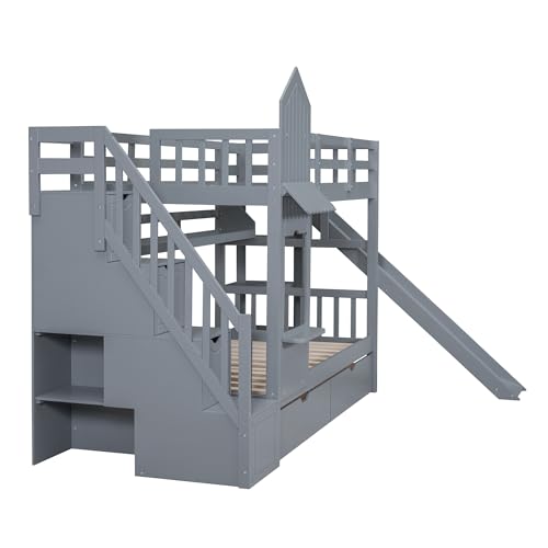 Full-Over-Full Wood Bunk Bed with Slide and Storage Staircase B365
