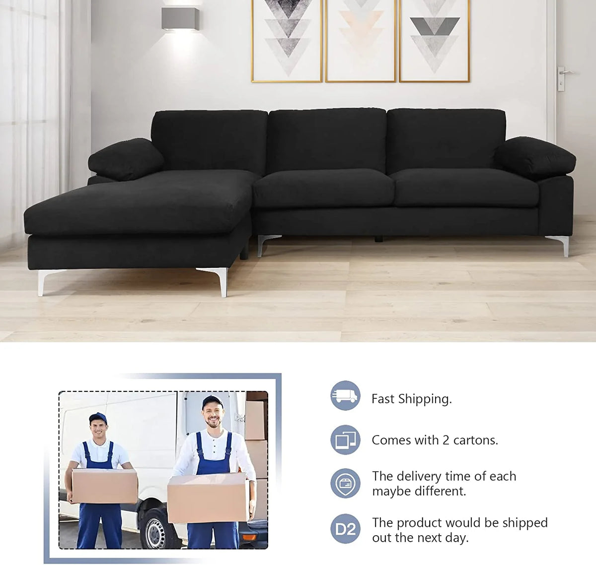 Black Velvet L-Shaped Sectional Sofa with Metal Legs D9670