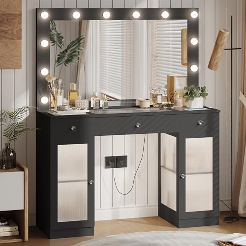 White Glass Top Vanity Desk with Large Mirror and Lights V630267