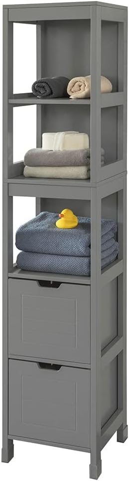 White Floor Standing Tall Bathroom Storage Cabinet with Shelves and Door W4842