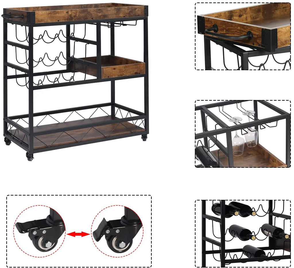 Rustic Brown Bar Cart with Wine Rack F7437