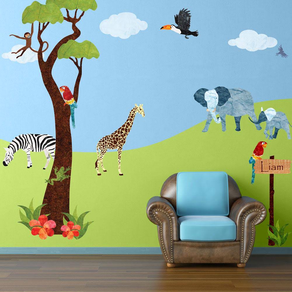 Safari Peel and Stick Removable Wall Decals Jungle Theme Wall Mural 45-Piece Jumbo Set Green W51625