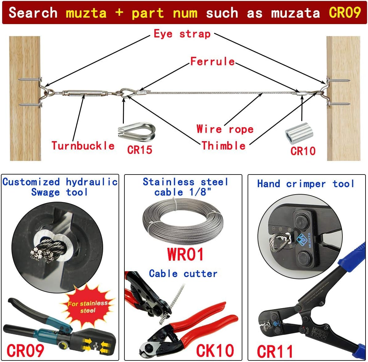 40Set 1/8 Cable Railing Kit Hardware Heavy Duty Turnbuckle M5 Eye to Eye Stainless Steel Angle Adjustable R653318