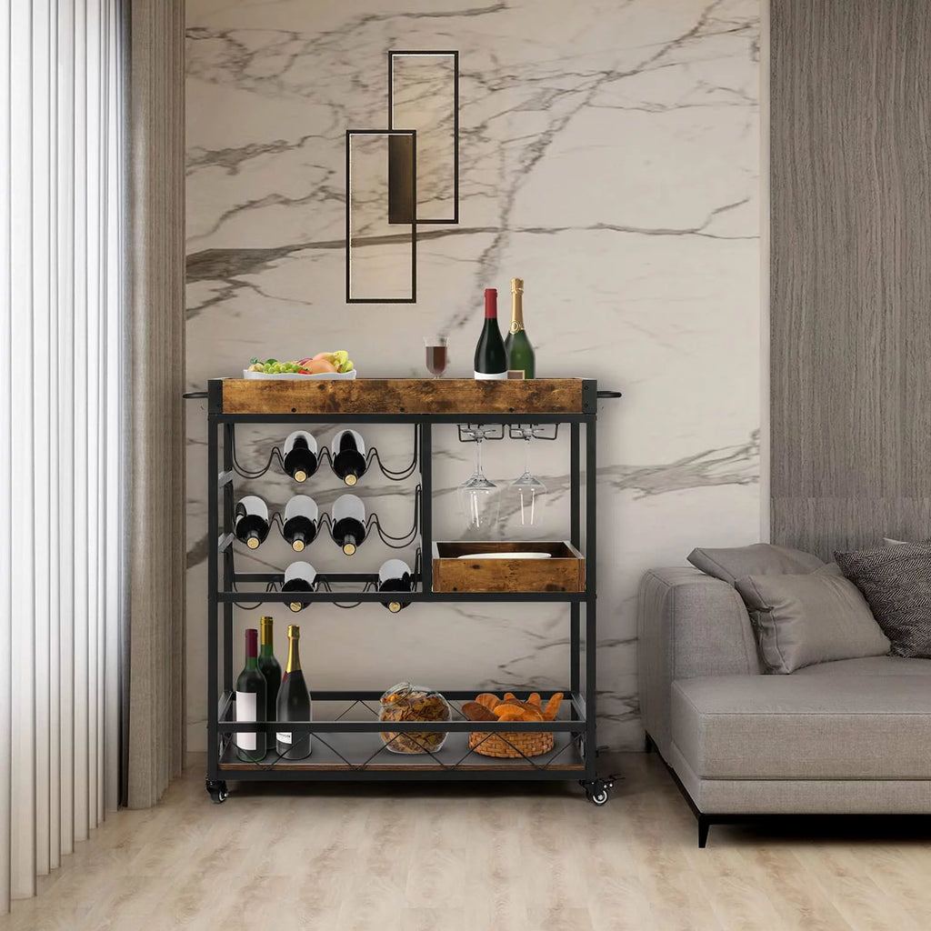 Rustic Brown Bar Cart with Wine Rack F7437