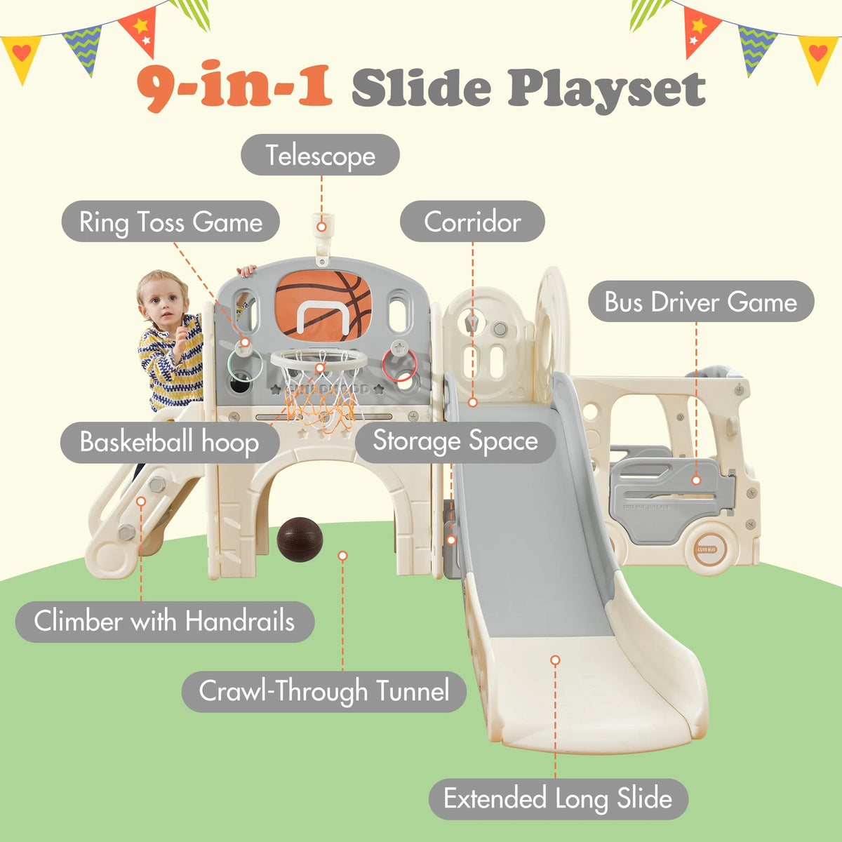 9 in 1 Kids Slide Playset with Basketball Hoop O567