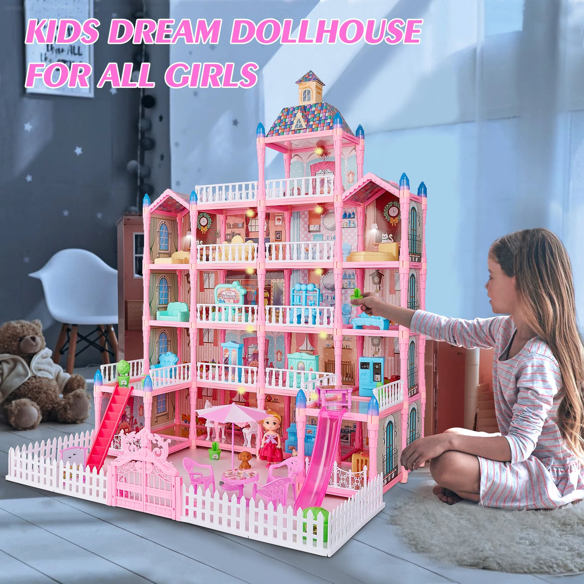 5-Story 19 Rooms Dollhouse with 1 Doll Toy Figure O406027