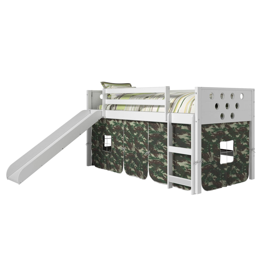 White Twin Circles Low Loft Bed with Slide and Camo Tent Kit D681