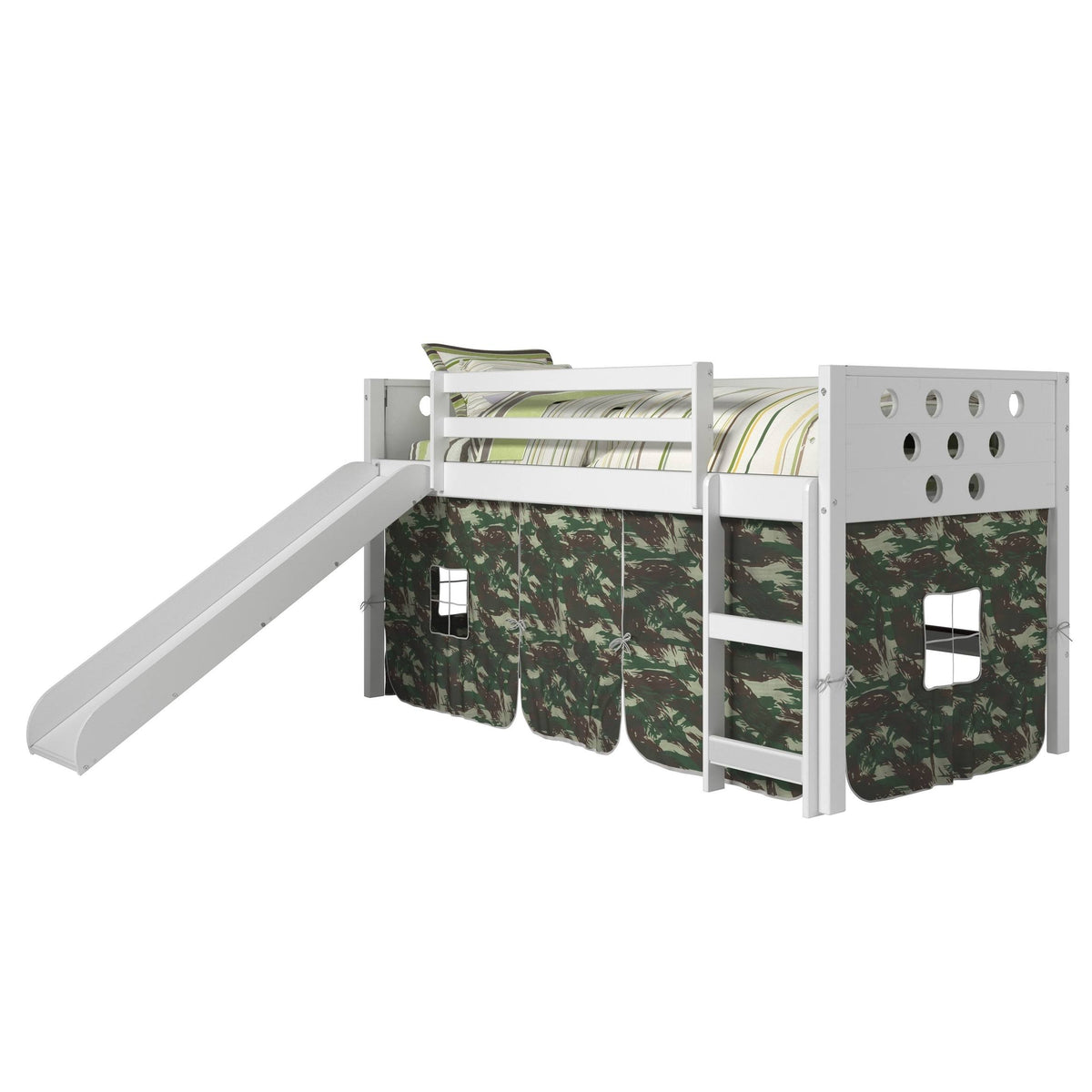 White Twin Circles Low Loft Bed with Slide and Camo Tent Kit D681