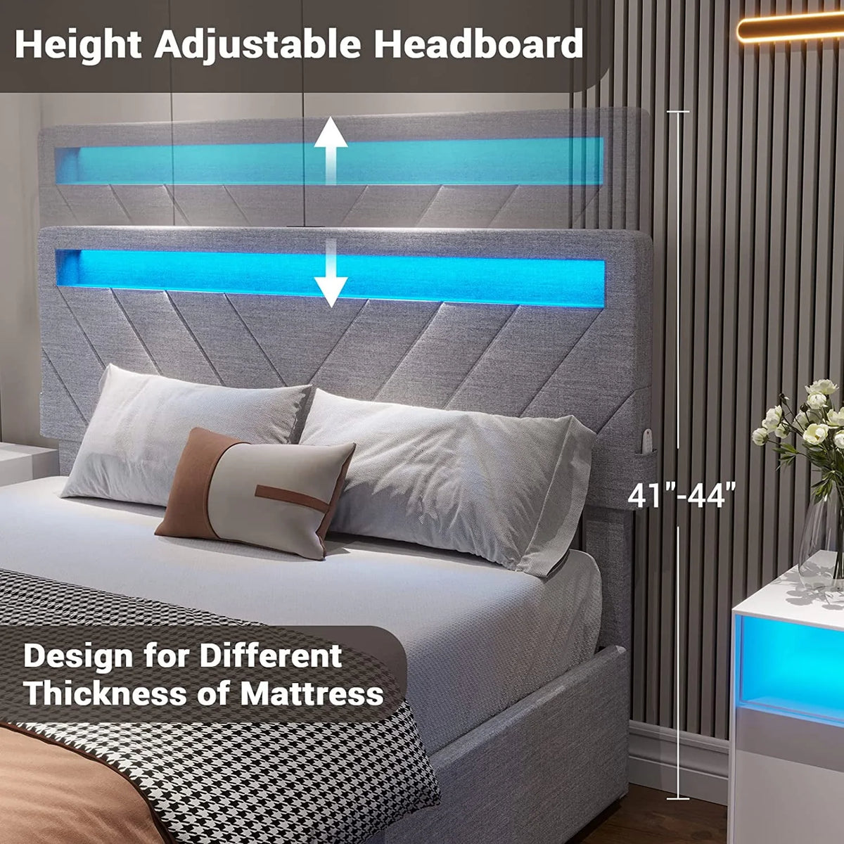 Queen Bed Frame with LED Lights Headboard, 4 Drawers, 2 USB Charging Station, Upholstered Platform Bed, Dark Gray N4034