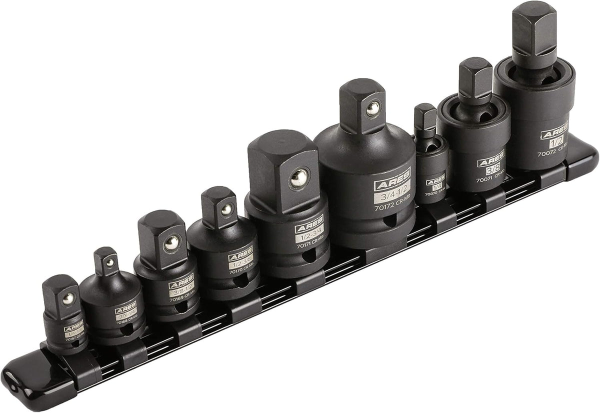 9-Pc Impact U-Joint and Adapter/Reducer Set with Aluminum Storage Rail L450